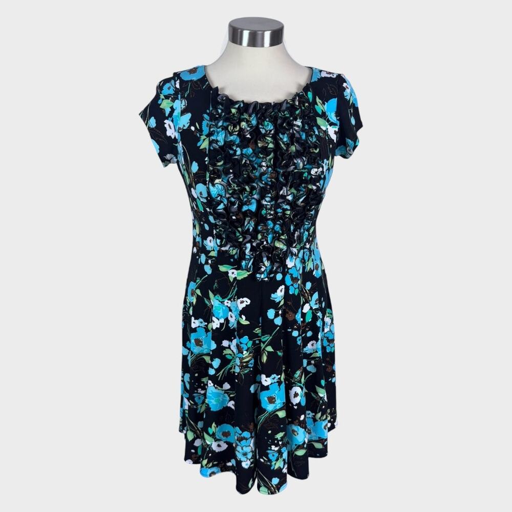 Rabbit Rabbit Rabbit Designs Size 6 Dress Black Blue Floral Polyester Spandex